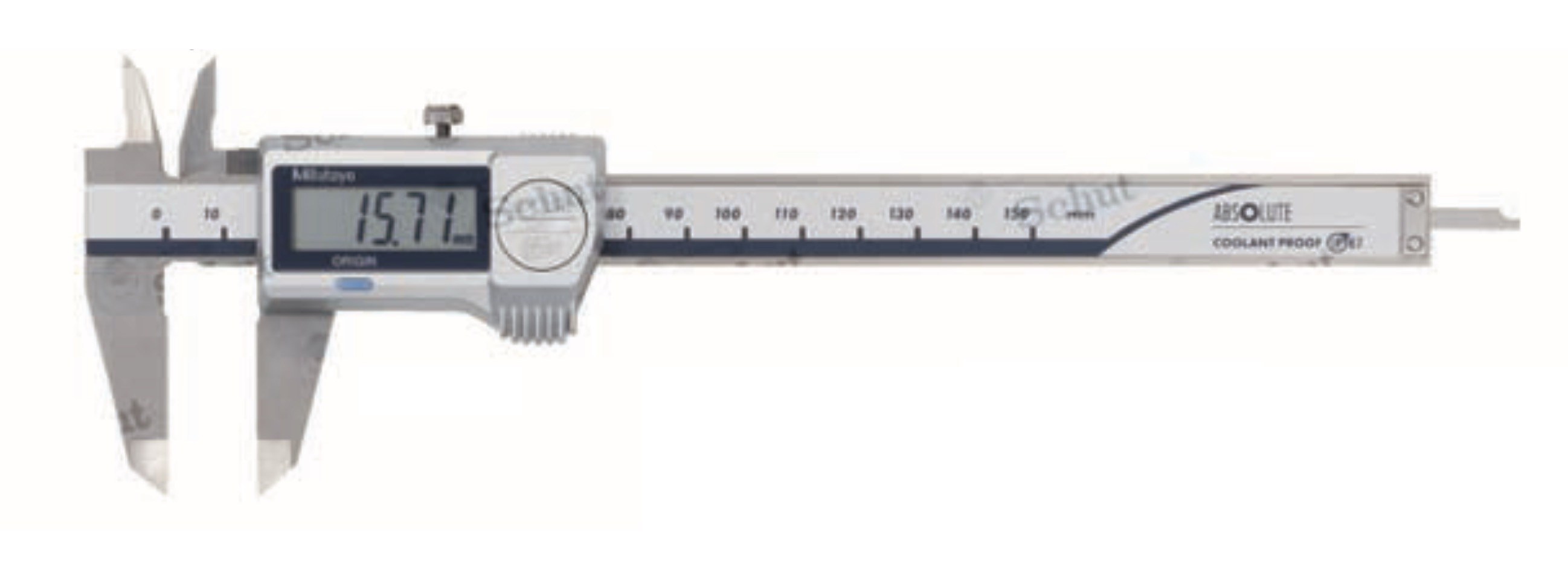 Mitutoyo digitalt absolut skjutmått, kylvätskesäkert IP67, mätområde 0-150 mm, coolant Proof skjutmått IP67, noggrannhet ±0,02 mm, skänkellängd 40 mm, upplösning 0,01 mm, sifferhöjd 9 mm, batteri ~18000h, med Digimatic, plant djupmätstift, automatisk avstängning, nollställning, låsskruv, plastfodral, mätrapport