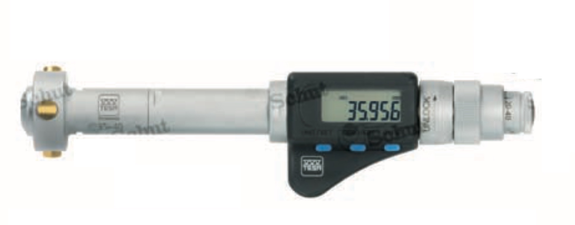 TESA Imicro digital capa µ invändig trepunktsmikrometer av Holtest-typ. Levereras som set. Mätområde Ø40–100 mm. Kombinerar Imicros gängade mätkona med det patenterade capa µ-mätsystemet. Upplösning 0,001 mm. mm/tum, ABS/INC, Opto-RS232C dataoutput (bidirektionellt), automatisk avstängning, reset/preset. Mätytor med TiN-beläggning. IP54 (IP40 vid dataoutput). DIN 863 T4. Batteri CR2032.