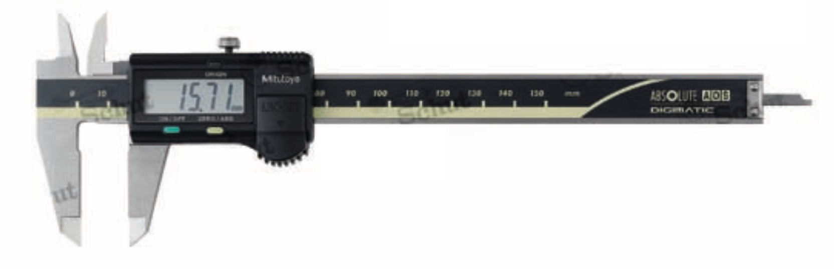 Tesa TWIN-CAL digitalt absolut skjutmått, 0-150 mm med IP67-skydd, skänkellängd 40 mm, upplösning 0,01 mm, sifferhöjd 11 mm, max ~2,5 m/s, ISO 13385-1, batteri CR2032, plant djupmätstift, absolut mätsystem, mm/tum, automatisk avstängning, nollställning, låsskruv, datautgång, plastfodral, mätrapport