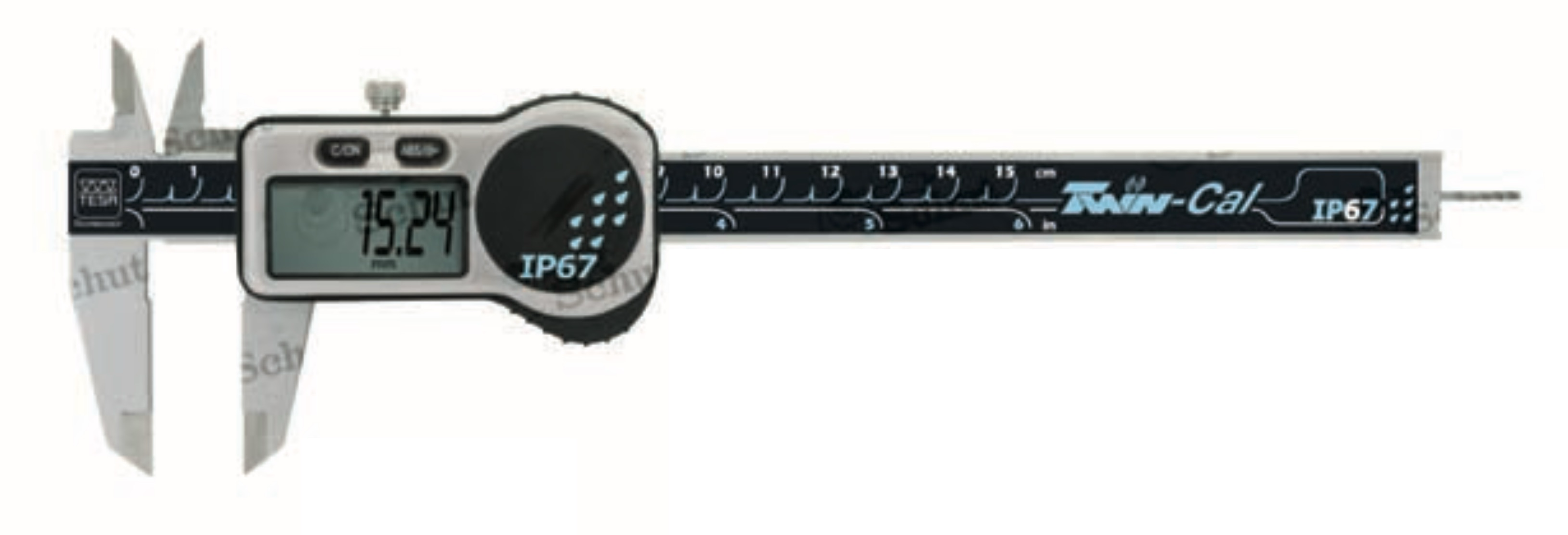 Tesa TWIN-CAL digitalt absolut skjutmått, 0-150 mm med IP67-skydd, skänkellängd 40 mm, upplösning 0,01 mm, sifferhöjd 11 mm, max ~2,5 m/s, ISO 13385-1, batteri CR2032, plant djupmätstift, absolut mätsystem, mm/tum, automatisk avstängning, nollställning, låsskruv, datautgång, plastfodral, mätrapport