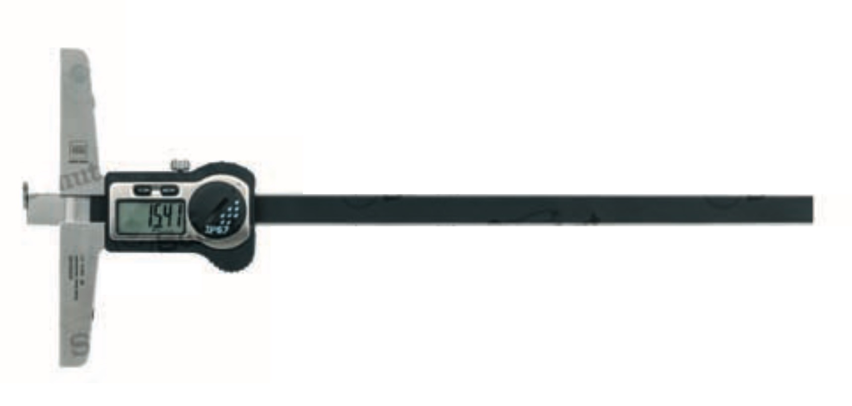 TESA TWIN-Cal digitalt djupmått med kort mätyta typ I, 0-200 mm, baslängd 100 mm, bredd 8 mm, upplösning 0,01 mm, noggrannhet ±0,03 mm, mm/tum-omvandling, automatisk avstängning, återställning, IP67, låsskruv, leverans i plastfodral med mätprotokoll