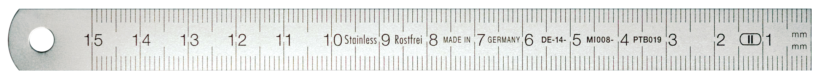 Rostfri linjal med skala höger→vänster med 1 mm-gradering, 6000×18×0,5 mm, mattförkromat rostfritt stål, gradering 1 mm, EC klass II