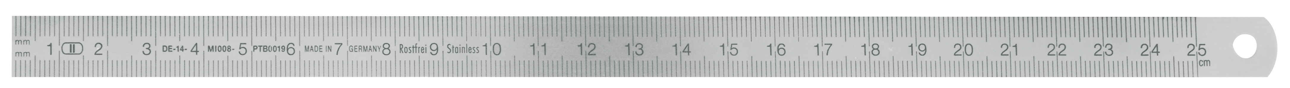 Rostfri linjal med skala vänster→höger med 1 mm-gradering, 8000×30×1 mm, mattförkromat rostfritt stål, gradering 1 mm, EC klass II