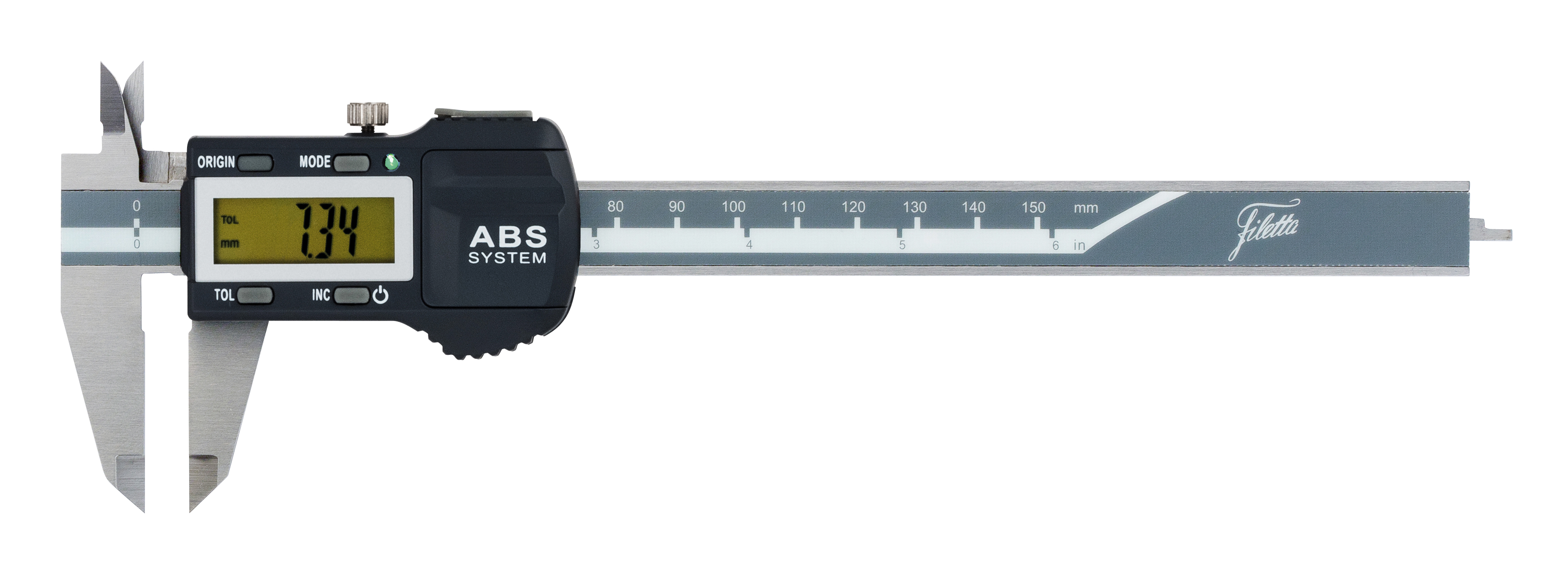Absolut digitalt skjutmått 0-300 mm – Precisioninstrument med absolutavläsning, absolut digitalt skjutmått IP54 med toleransdisplay, noggrannhet ±0,03 mm, skänkellängd 60 mm, upplösning 0,01 mm, batteri CR2032, mätområde 0-300 mm, justerbar toleransgräns med Go/NoGo, absolut mätsystem, mm/tum, ABS/INC, datautgång, av/på, automatisk avstängning, nollställning, låsskruv/plant djupmätstift, levereras i plastfodral med mätrapport