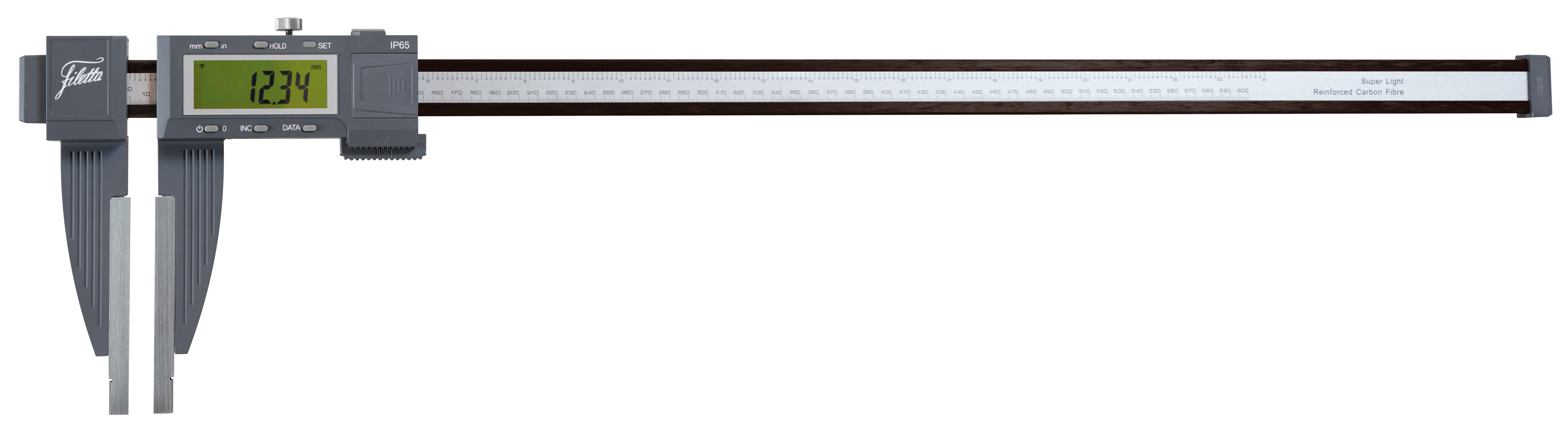 Digitalt absolut verkstadsskjutmått kolfiber, med främre mätskänklar 150 mm för utvändig mätning, utan bakre mätknivar, Bluetooth-överföring, mätområde 0-1500 mm, noggrannhet ±0,16 mm, skänkellängd 150 mm, 2,0 kg, upplösning 0,01 mm, mm/tum, ABS/INC, Digimatic och Bluetooth datautgång, av/på, nollställning/preset, finjustering 5-10 N, kolfiber skänklar med stål mätytor, batteri CR2032